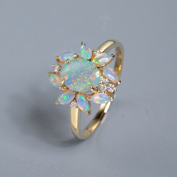 Unique Design Solid Opal Diamond Engagement Ring 18K Yellow Gold - Picture 4 of 5